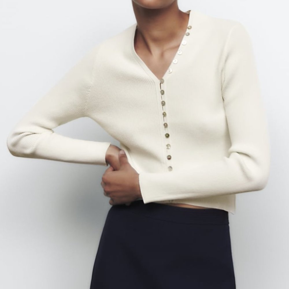 ZARA LINEN BLEND BUTTON-UP KNIT RIBBED BUTTON DETAIL TOP